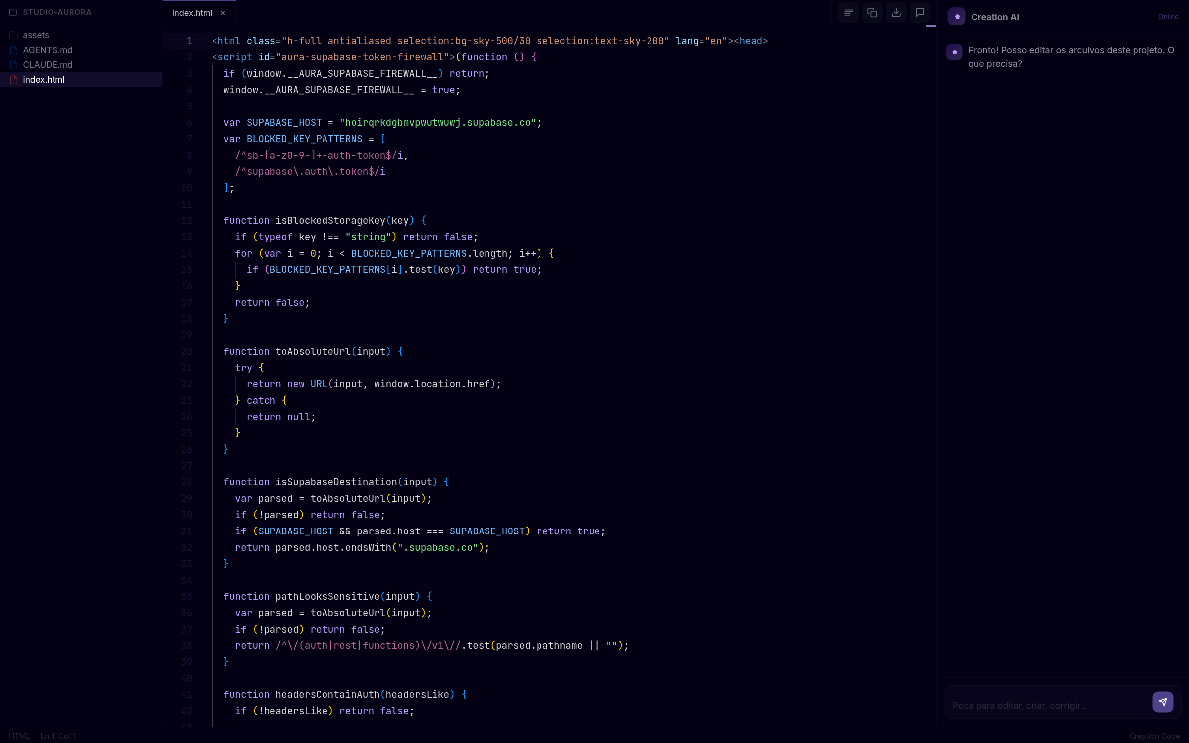 Editor de código do Creation AI